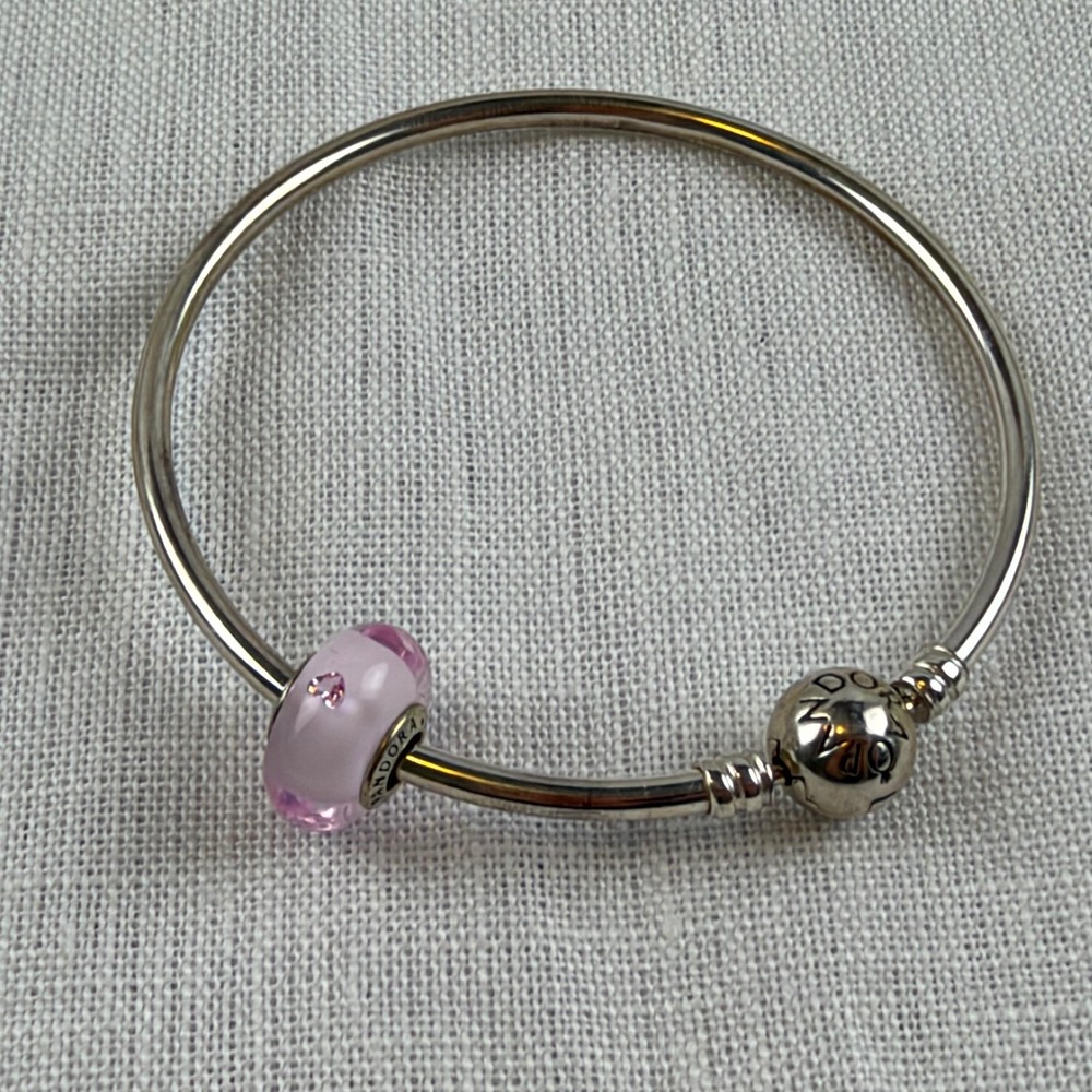 Pandora Sterling Silver Bangle Charm Bracelet 8" w/ Pink Heart Glass Charm S925
